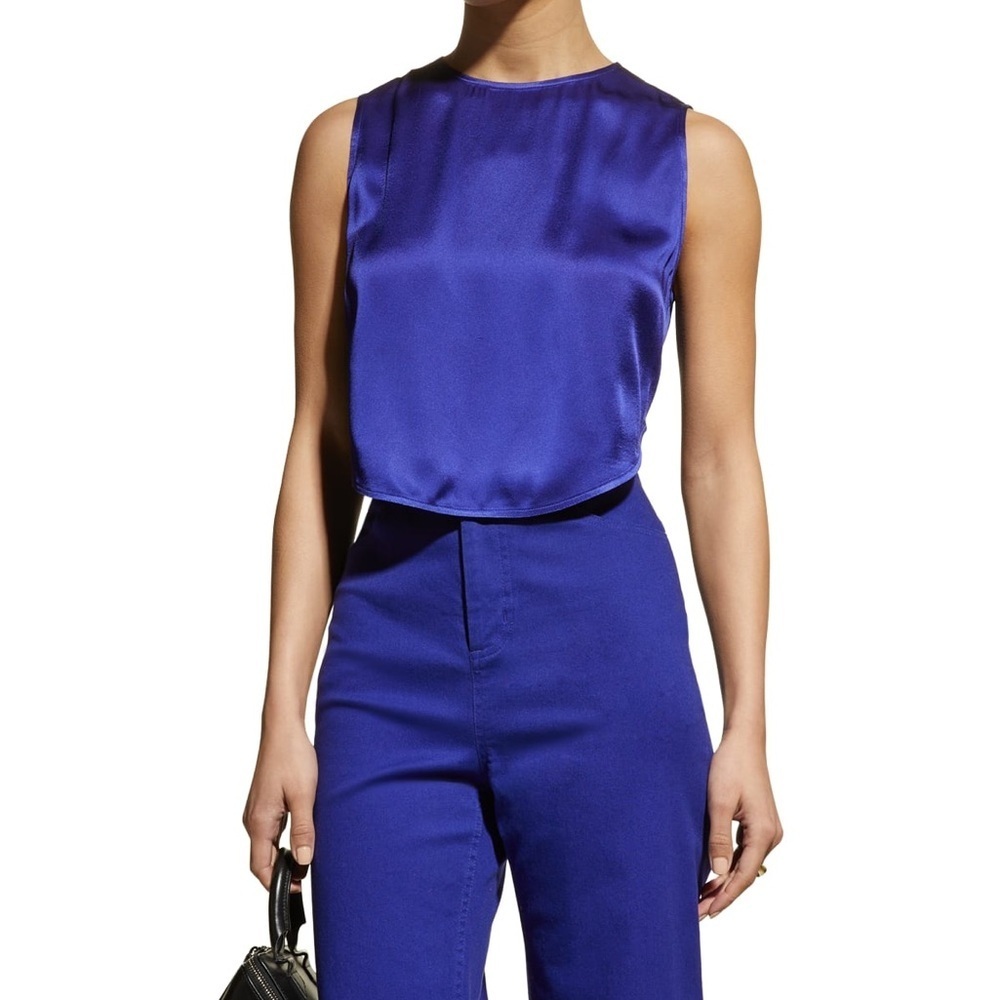 LaPointe SATIN ROUND-HEM CROP TANK TOP IN INDIGO 6